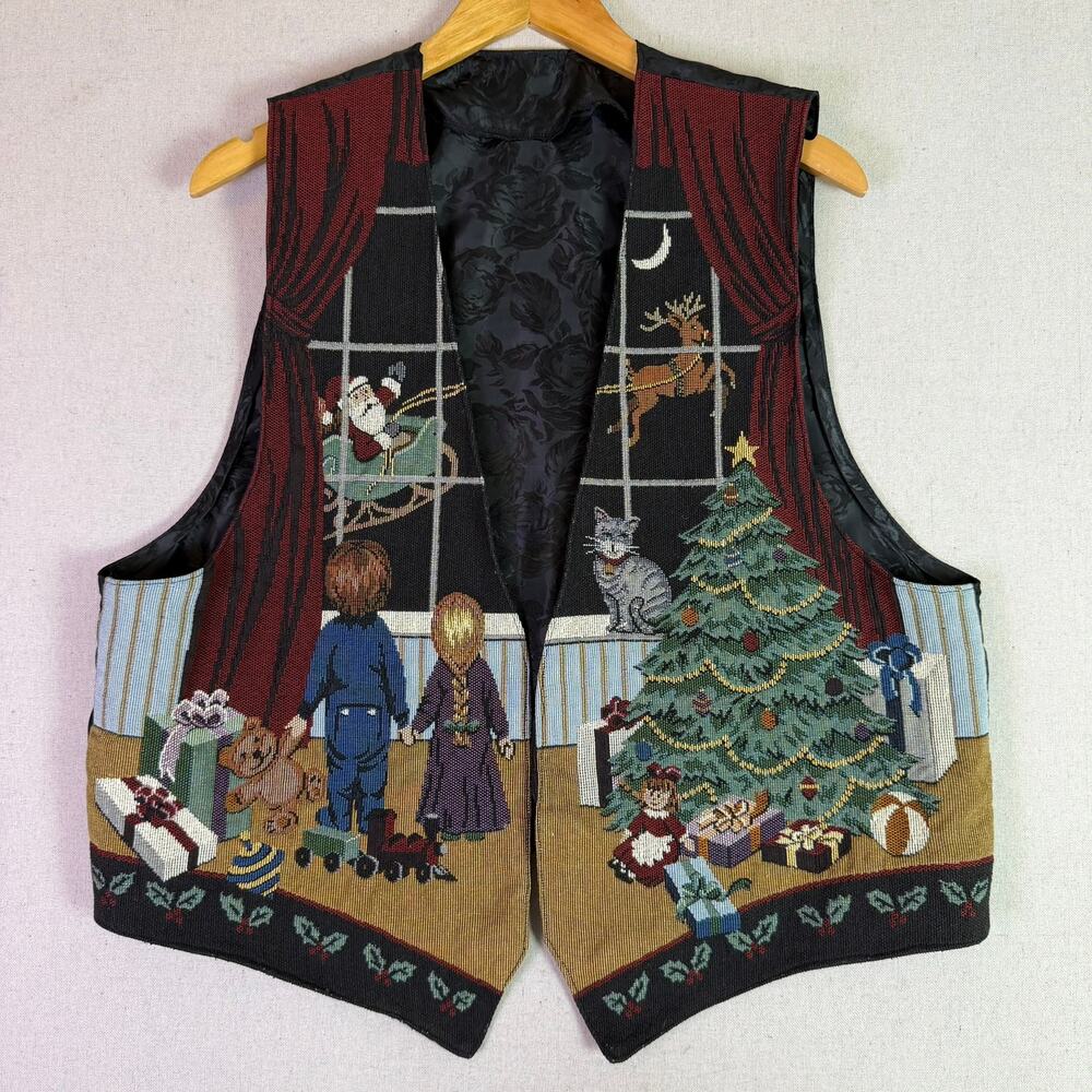 Vintage Christmas Tapestry Vest Womens XL Black Satin Rose Novelty Tree Santa